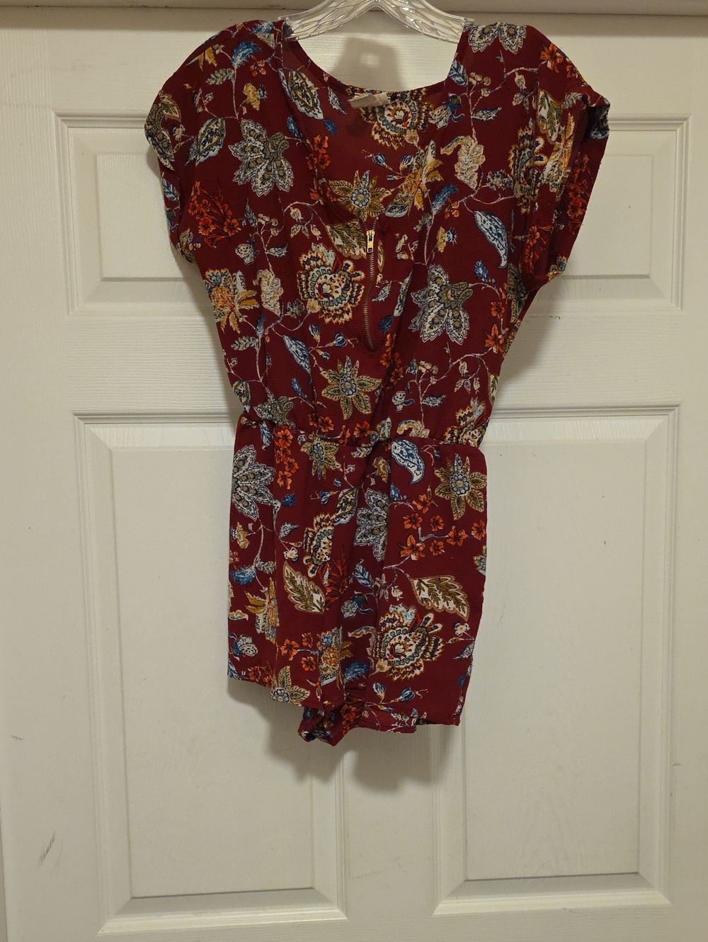 Tauia Burgundy Floral Short Romper with Blue Accents